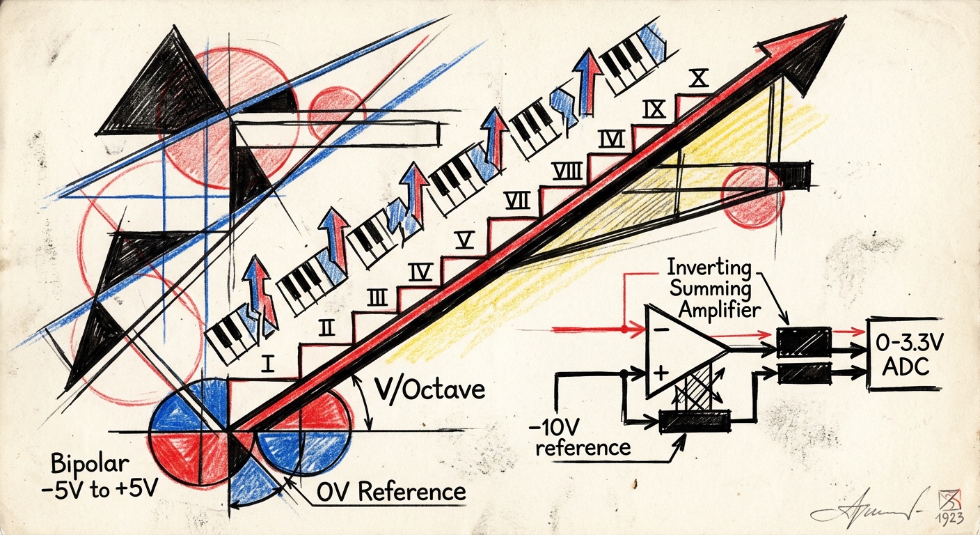 V/Octave CV signal — Constructivist linocut illustration