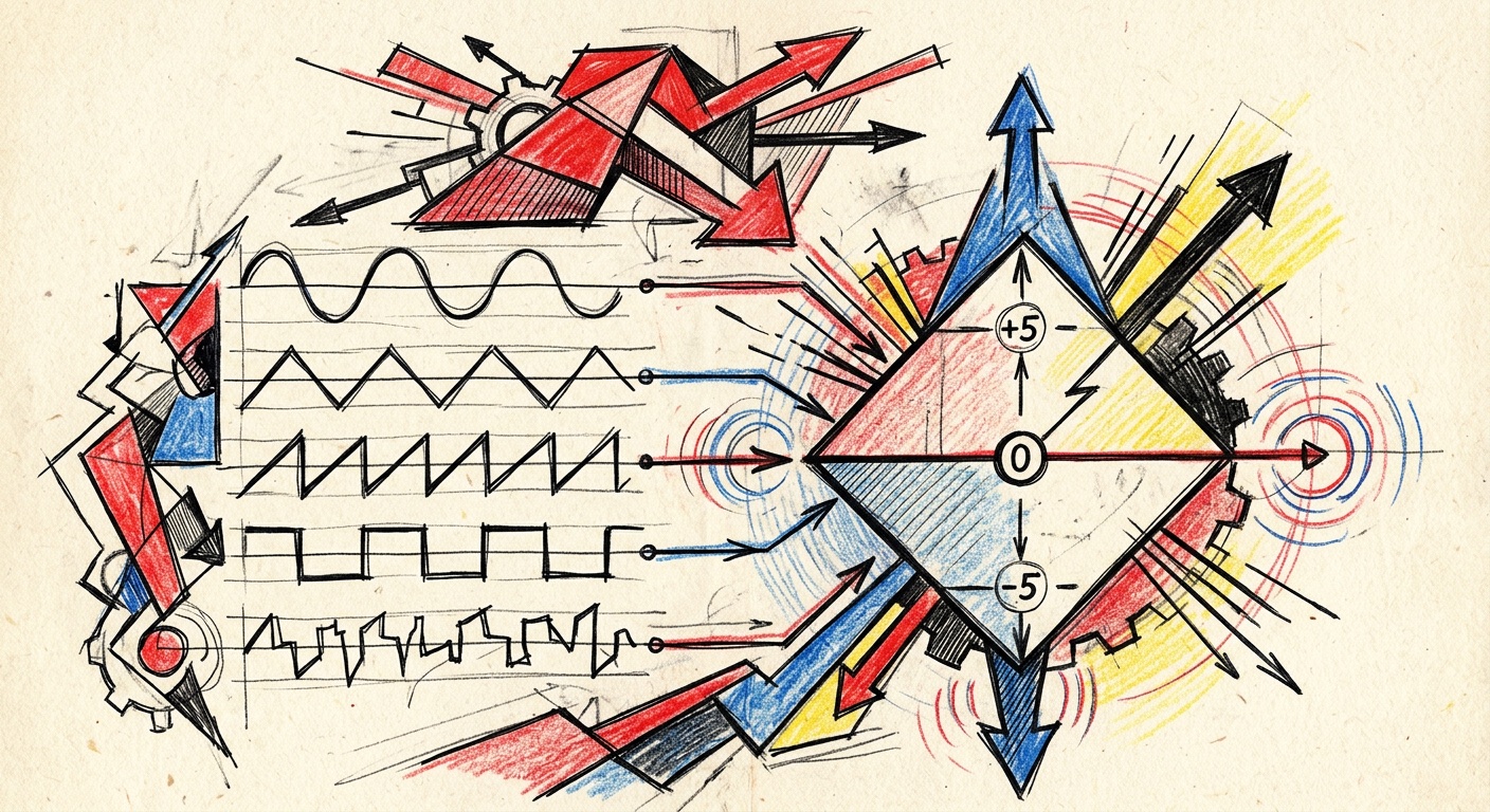 LFO CV signal — Constructivist linocut illustration