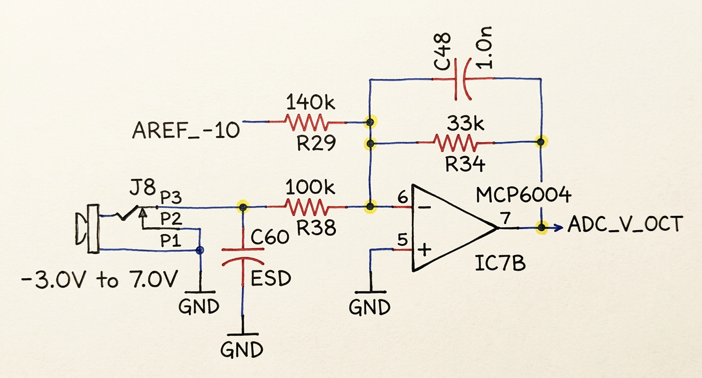 Plaits CV pitch input — inverting summing amplifier with MCP6004